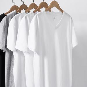 V-neck short-sleeved T-shirt men 210g white cotton T-shirt summer new relaxed casual seamless bucket
