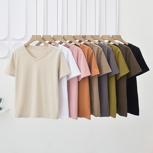 Short sleeve summer all cotton white T-shirt base women with cotton small V-neck loose casual new to