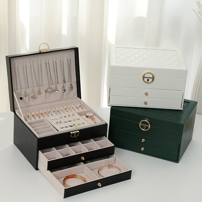 Multi-functional jewelry box Three-layer leather jewelry with lock jewelry storage box Earrings jewe