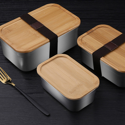 304 stainless steel fresh-keeping box Japanese bamboo cover square student outdoor lunch box sealed