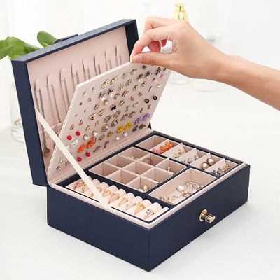 New spot transmirror jewelry box leather double-layer large capacity earrings storage box ring jewel