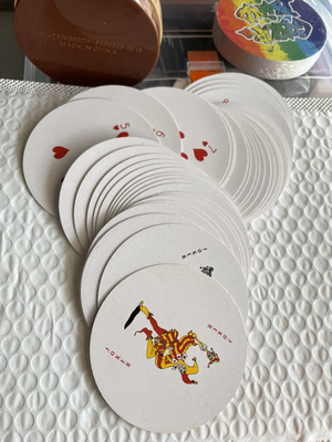 Round gaming card with custom logo and 68mm dia., grey paper 280gsm